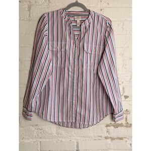 St Johns Bay Striped Button Front Shirt Women Large Cotton Red Blue White